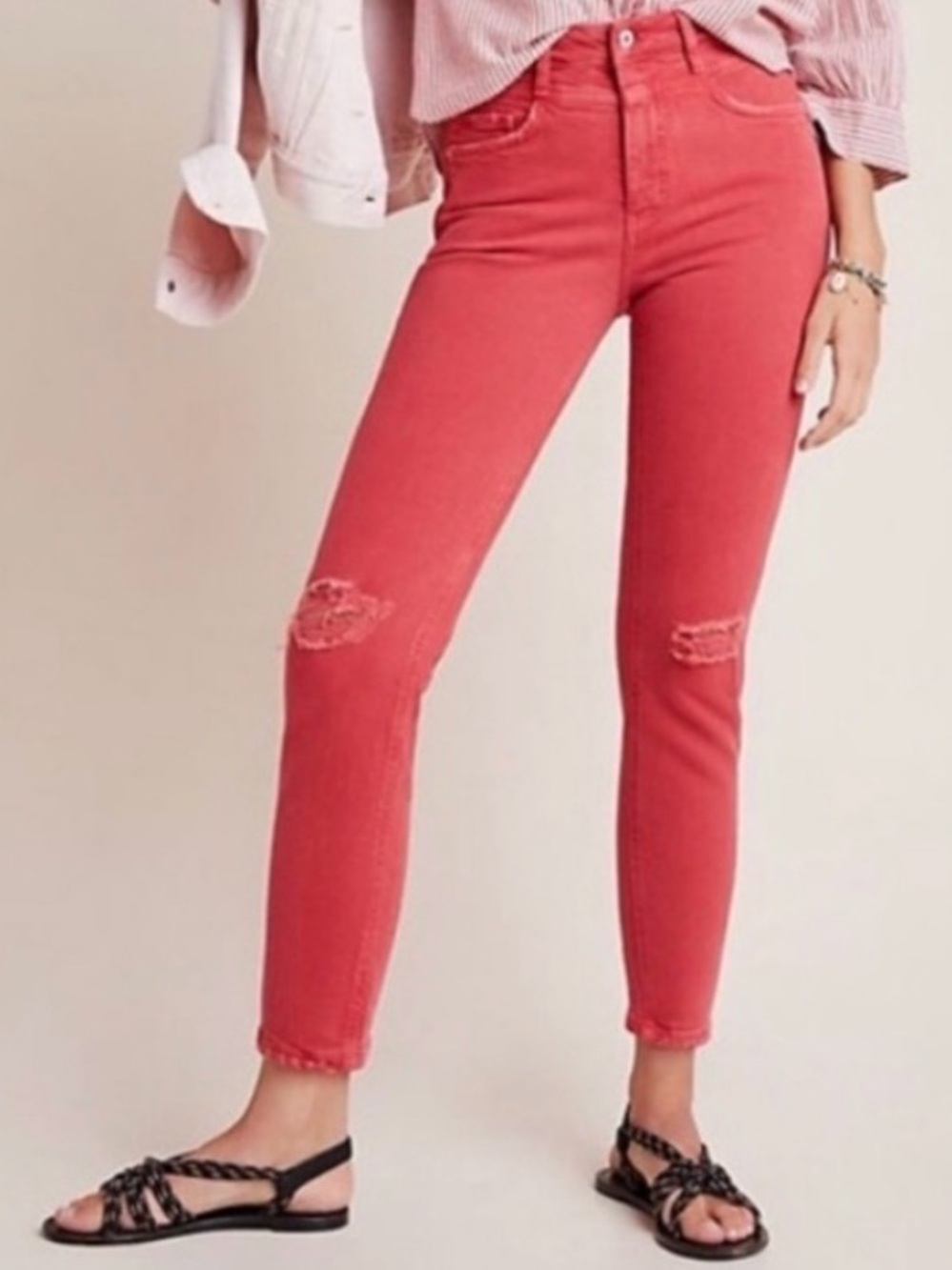 NWT Anthropologie Pilcro Ultra High-Rise Slim Ankle Red Distressed Jeans 32 Tall